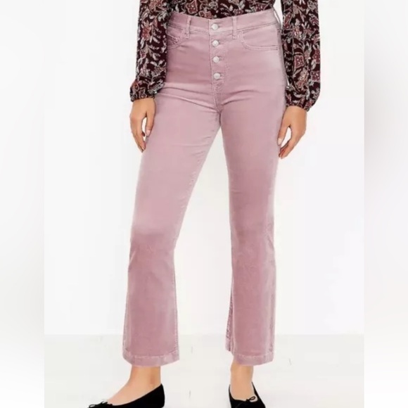 Ann Taylor LOFT Women's Sz 4 Velvet Button Front Kick Crop Pants Soft Pink Jeans - Picture 2 of 7